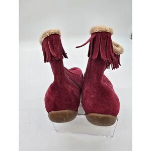 Women's Red Suede sporto Fringe Moccasin Boots With Furry Lining & Side Zipper